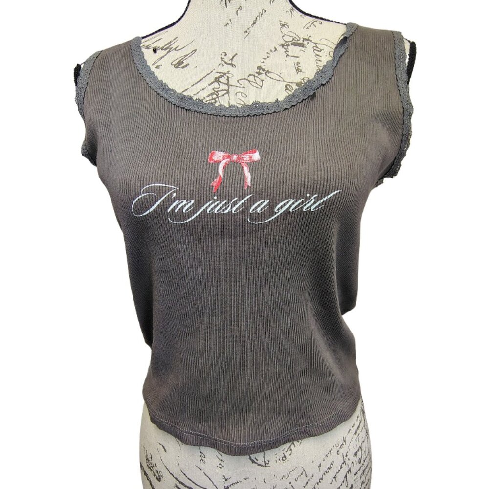 Womens Y2K Ribbed Lace Trim Graphic Tank Top "Im Just a Girl" XL Retro No Doubt - Picture 2 of 8